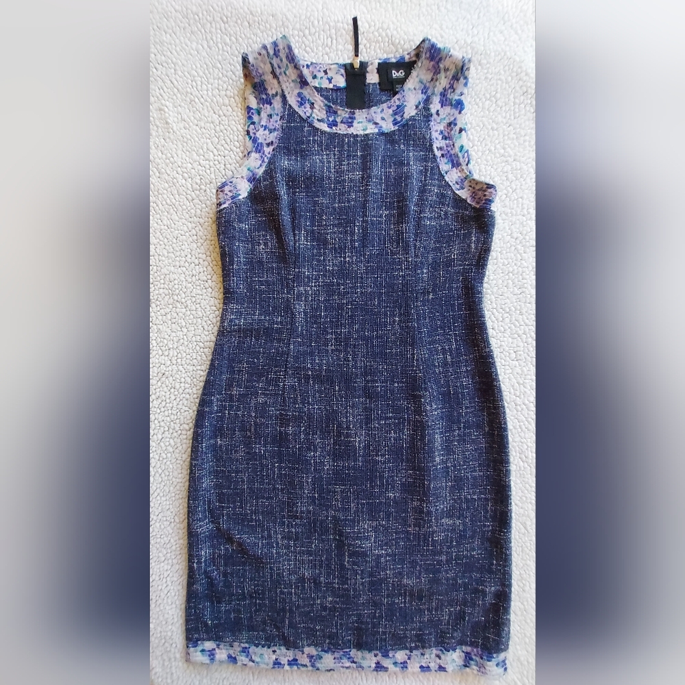 D&G Navy Blue Tweed Midi Dress with Floral Trim